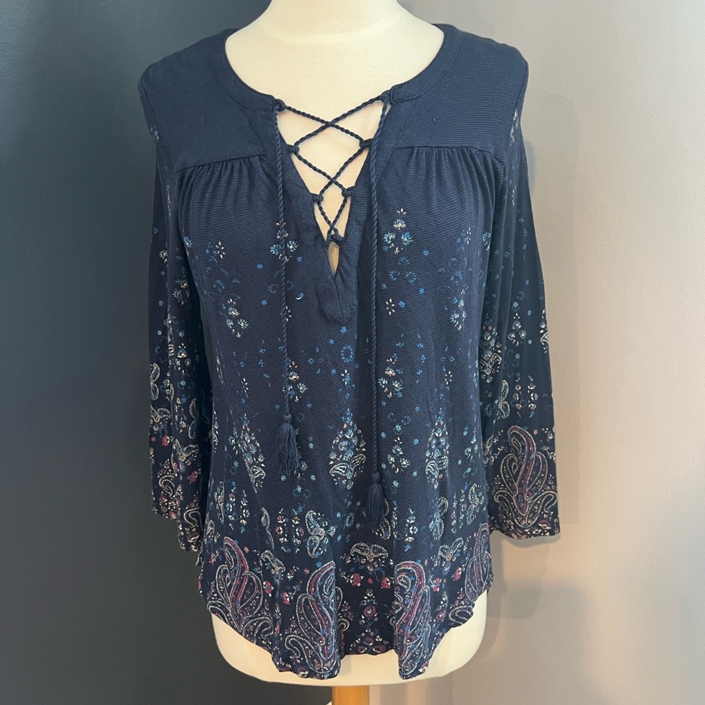 Lucky Brand Navy Floral Paisley Lace-Up Boho Peasant Top Size Small